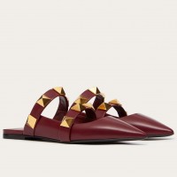Valentino Roman Stud Flat Mules In Bordeaux Leather Valentino Roman Stud Flat Mules In Bordeaux Leather