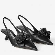 Jimmy Choo Amita Flowers 45mm Slingback Pumps in Black Leather Jimmy Choo Amita Flowers 45mm Slingback Pumps in Black Leather