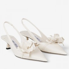 Jimmy Choo Amita Flowers 45mm Slingback Pumps in White Leather Jimmy Choo Amita Flowers 45mm Slingback Pumps in White Leather