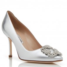 Manolo Blahnik Hangisi 70 Pumps in Silver Metallic Leather Manolo Blahnik Hangisi 70 Pumps in Silver Metallic Leather