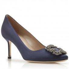 Manolo Blahnik Hangisi 70 Pumps In Navy Blue Satin Manolo Blahnik Hangisi 70 Pumps In Navy Blue Satin