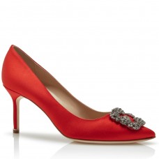 Manolo Blahnik Hangisi 70 Pumps In Red Satin Manolo Blahnik Hangisi 70 Pumps In Red Satin