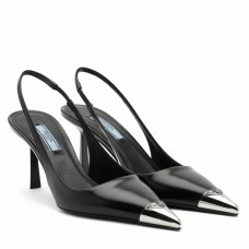 Prada Slingback Pumps 75MM In Black Brushed Leather Prada Slingback Pumps 75MM In Black Brushed Leather
