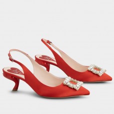 Roger Vivier Virgule Strass Buckle Slingback Pumps in Red Satin Roger Vivier Virgule Strass Buckle Slingback Pumps in Red Satin