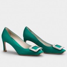 Roger Vivier Trompette Crystal Buckle Pumps in Green Satin Roger Vivier Trompette Crystal Buckle Pumps in Green Satin