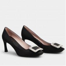 Roger Vivier Trompette Crystal Buckle Pumps in Black Satin Roger Vivier Trompette Crystal Buckle Pumps in Black Satin