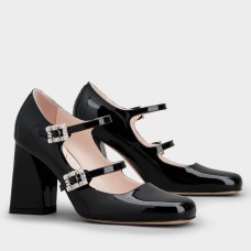Roger Vivier Tres Vivier Strass Buckle Mini Babies Pumps in Black Patent Leather Roger Vivier Tres Vivier Strass Buckle Mini Babies Pumps in Black Patent Leather