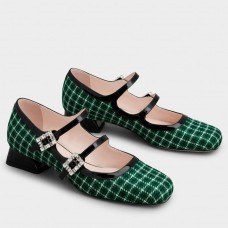 Roger Vivier Tres Vivier Strass Buckle Mini Babies Ballerinas in Green Fabric Roger Vivier Tres Vivier Strass Buckle Mini Babies Ballerinas in Green Fabric