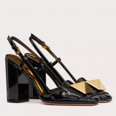 Valentino One Stud Slingback Pumps 100mm In Black Patent Calfskin Valentino One Stud Slingback Pumps 100mm In Black Patent Calfskin