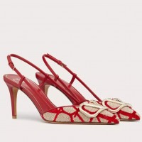 Valentino Vlogo Slingback Pumps 80mm In Red Toile Iconographe Valentino Vlogo Slingback Pumps 80mm In Red Toile Iconographe