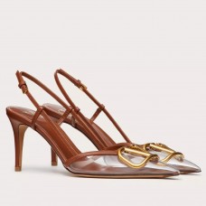 Valentino Vlogo Slingback Pumps 80mm in PVC with Brown Leather Valentino Vlogo Slingback Pumps 80mm in PVC with Brown Leather