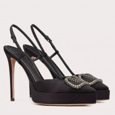Valentino VLogo Signature Slingback Platform Pumps 120mm In Black Satin Valentino VLogo Signature Slingback Platform Pumps 120mm In Black Satin