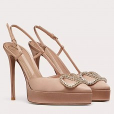 Valentino VLogo Signature Slingback Platform Pumps 120mm In Nude Satin Valentino VLogo Signature Slingback Platform Pumps 120mm In Nude Satin