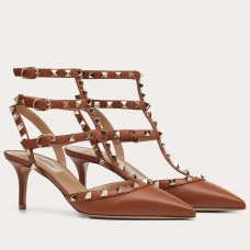 Valentino Rockstud Caged Pumps 65mm In Brown Grained Leather Valentino Rockstud Caged Pumps 65mm In Brown Grained Leather