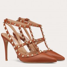 Valentino Rockstud Ankle Strap Pumps 100mm In Brown Calfskin Valentino Rockstud Ankle Strap Pumps 100mm In Brown Calfskin