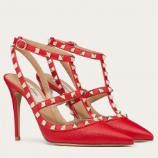 Valentino Rockstud Ankle Strap Pumps 100mm In Red Calfskin Valentino Rockstud Ankle Strap Pumps 100mm In Red Calfskin