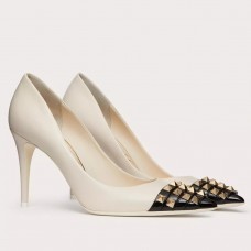 Valentino White Rockstud Pump 90mm with Black Patent Toe Cap Valentino White Rockstud Pump 90mm with Black Patent Toe Cap