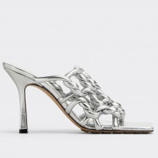 Bottega Veneta Stretch Twist Sandals In Silver Metallic Lambskin Bottega Veneta Stretch Twist Sandals In Silver Metallic Lambskin