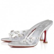 Christian Louboutin Degraqueenie 85mm Mules in Silver Leather with Crystals Christian Louboutin Degraqueenie 85mm Mules in Silver Leather with Crystals