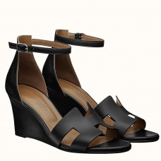 Hermes Legend Wedge Sandals In Black Calfskin Hermes Legend Wedge Sandals In Black Calfskin
