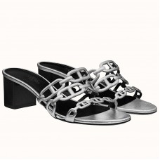 Hermes Tandem 50mm Sandals In Silver Metallic Calfskin Hermes Tandem 50mm Sandals In Silver Metallic Calfskin