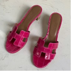 Hermes Oasis Slide Sandals In Rose Red Niloticus Crocodile Shiny Skin Hermes Oasis Slide Sandals In Rose Red Niloticus Crocodile Shiny Skin