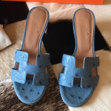 Hermes Oasis Slide Sandals 50mm In Jean Blue Ostrich Leather Hermes Oasis Slide Sandals 50mm In Jean Blue Ostrich Leather