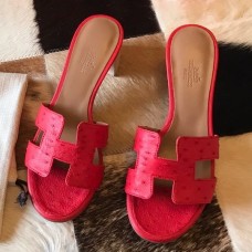 Hermes Oasis Slide Sandals 50mm In Red Ostrich Leather Hermes Oasis Slide Sandals 50mm In Red Ostrich Leather