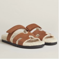 Hermes Women's Chypre Sandals in Tan Suede with Shearling Hermes Women's Chypre Sandals in Tan Suede with Shearling