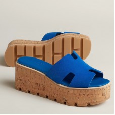 Hermes Eze 30 Cork Platform Sandals in Blue Suede Leather Hermes Eze 30 Cork Platform Sandals in Blue Suede Leather