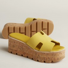 Hermes Eze 30 Cork Platform Sandals in Yellow Suede Leather Hermes Eze 30 Cork Platform Sandals in Yellow Suede Leather