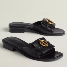 Hermes Women's Isle Sandals in Black Leather Hermes Women's Isle Sandals in Black Leather