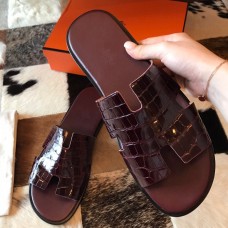 Hermes Men's Izmir Sandals In Bordeaux Shiny Niloticus Crocodile Leather Hermes Men's Izmir Sandals In Bordeaux Shiny Niloticus Crocodile Leather