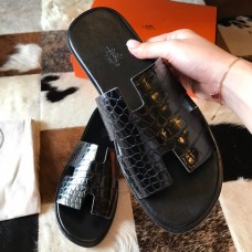 Hermes Men's Izmir Sandals In Black Shiny Niloticus Crocodile Leather Hermes Men's Izmir Sandals In Black Shiny Niloticus Crocodile Leather