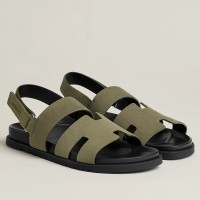 Hermes Men's Genius Sandals In Green Suede Calfskin Hermes Men's Genius Sandals In Green Suede Calfskin