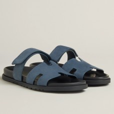 Hermes Men's Chypre Sandals in Blue Suede Calfskin Hermes Men's Chypre Sandals in Blue Suede Calfskin