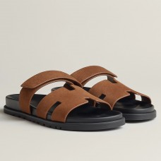 Hermes Men's Chypre Sandals in Brown Suede Calfskin Hermes Men's Chypre Sandals in Brown Suede Calfskin