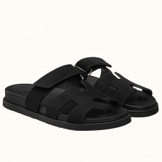 Hermes Men's Chypre Sandals in Black Suede Calfskin Hermes Men's Chypre Sandals in Black Suede Calfskin