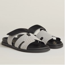 Hermes Women's Chypre Sandals In Canvas with Black Leather Hermes Women's Chypre Sandals In Canvas with Black Leather