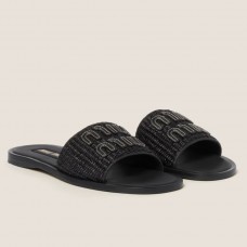 Miu Miu Women's Slides in Black Raffia-effect Woven Fabric Miu Miu Women's Slides in Black Raffia-effect Woven Fabric