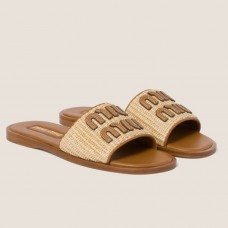 Miu Miu Women's Slides in Beige Raffia-effect Woven Fabric Miu Miu Women's Slides in Beige Raffia-effect Woven Fabric