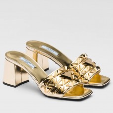 Prada Heeled Slide Sandals 65mm In Gold Metallic Leather Prada Heeled Slide Sandals 65mm In Gold Metallic Leather