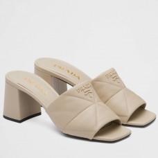 Prada Heeled Slide Sandals 65mm In Beige Nappa Leather Prada Heeled Slide Sandals 65mm In Beige Nappa Leather