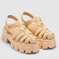Prada Monolith Crochet Cage Sandals in Beige Raffia Fabric Prada Monolith Crochet Cage Sandals in Beige Raffia Fabric