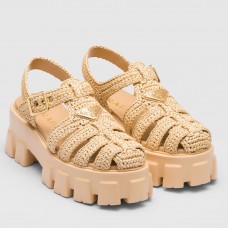 Prada Monolith Crochet Cage Sandals in Beige Raffia Fabric Prada Monolith Crochet Cage Sandals in Beige Raffia Fabric