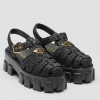 Prada Monolith Crochet Cage Sandals in Black Raffia Fabric Prada Monolith Crochet Cage Sandals in Black Raffia Fabric