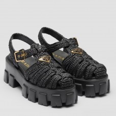 Prada Monolith Crochet Cage Sandals in Black Raffia Fabric Prada Monolith Crochet Cage Sandals in Black Raffia Fabric