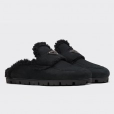 Prada Women's Slippers In Black Shearling Prada Women's Slippers In Black Shearling