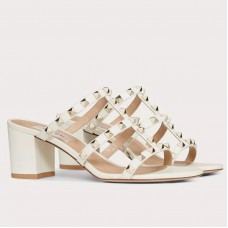 Valentino Rockstud Slide Sandals 60mm In White Calfskin