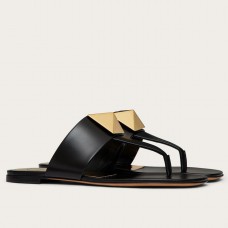 Valentino One Stud Flat Thong Sandals In Black Calfskin Valentino One Stud Flat Thong Sandals In Black Calfskin